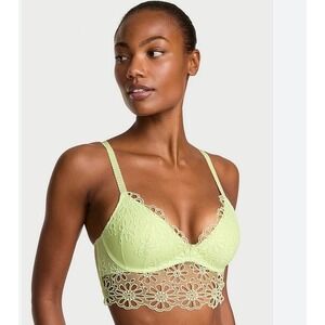Victorias Secret Lime Green Floral Eyelet Longline Wireless Bra 38C Padded